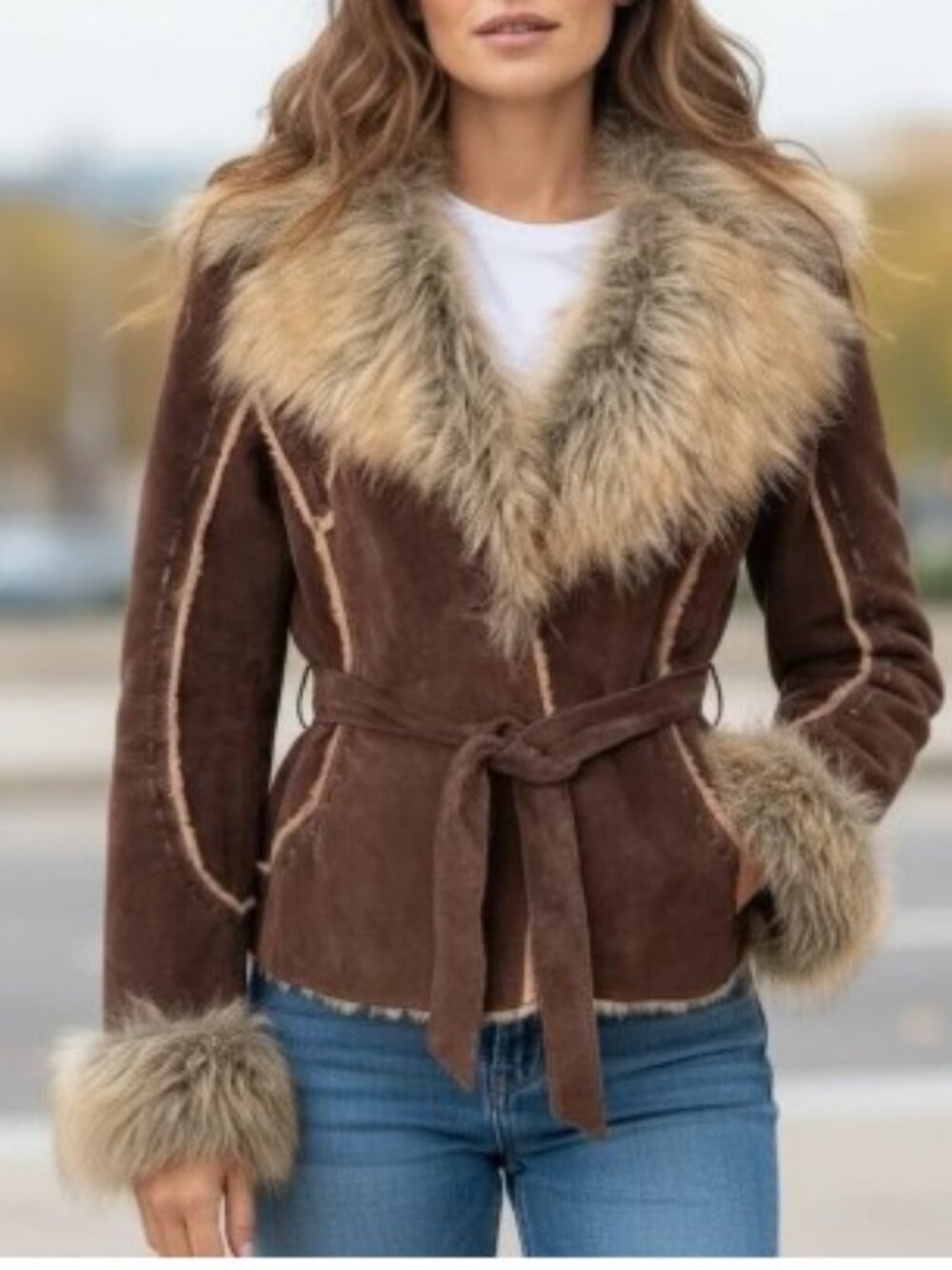 VTG Wilsons Leather Penny Lane Suede Jacket XL Faux Fur Belted Y2K Boho Rare